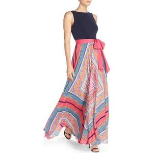 Eliza J Scarf Print Jersey & Crepe de Chine Maxi Dress Size 16 Colorful Stretch